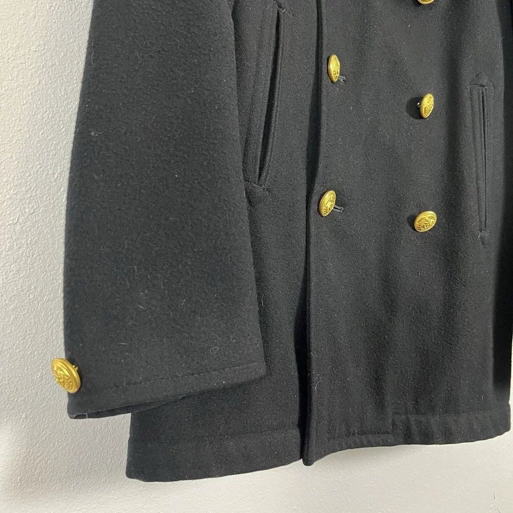 Mens Black Double Breasted Wool‎ Peacoat Military Style Gold Buttons 34S